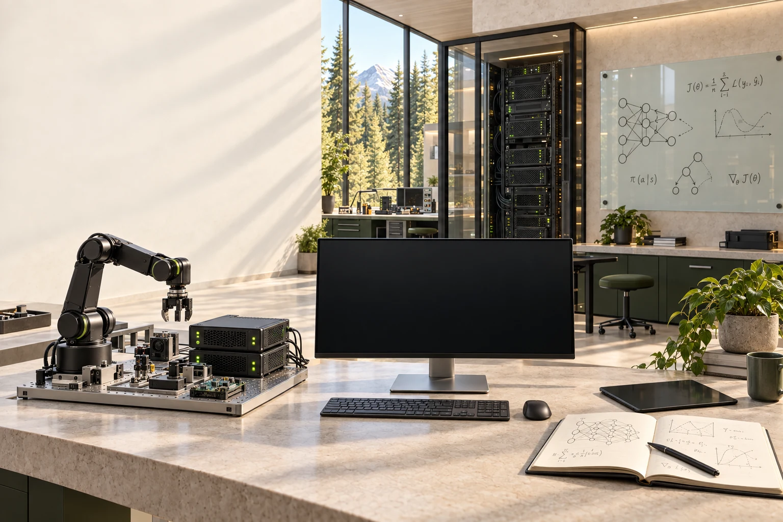 An imagined architectural AI lab with a server rack, robot workbench, coding monitor, mathematical board and research notebook.